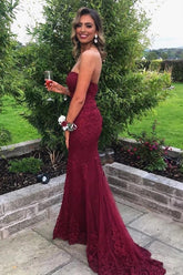 Burgundy Lace Sweetheart Neck Prom Dresses, Strapless Evening Gown